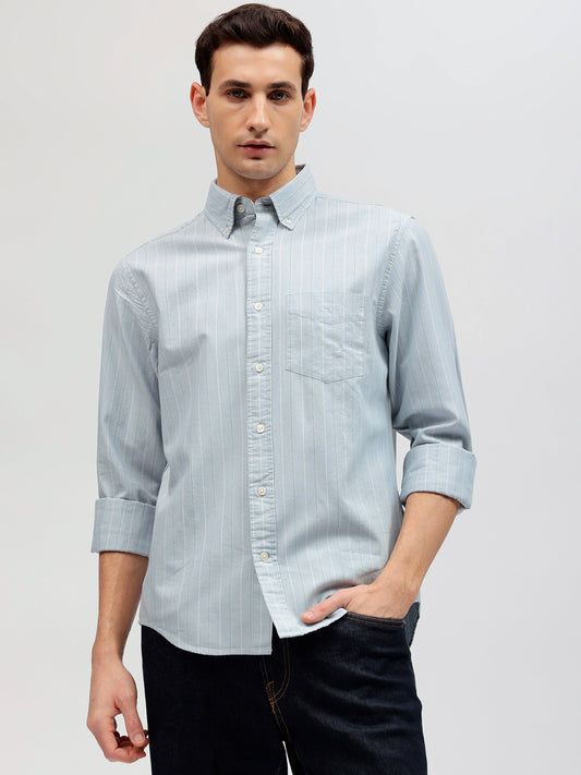 Gant Men Blue Striped Button-down Collar Full Sleeves Shirt