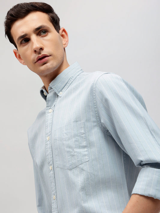 Gant Men Blue Striped Button-down Collar Full Sleeves Shirt