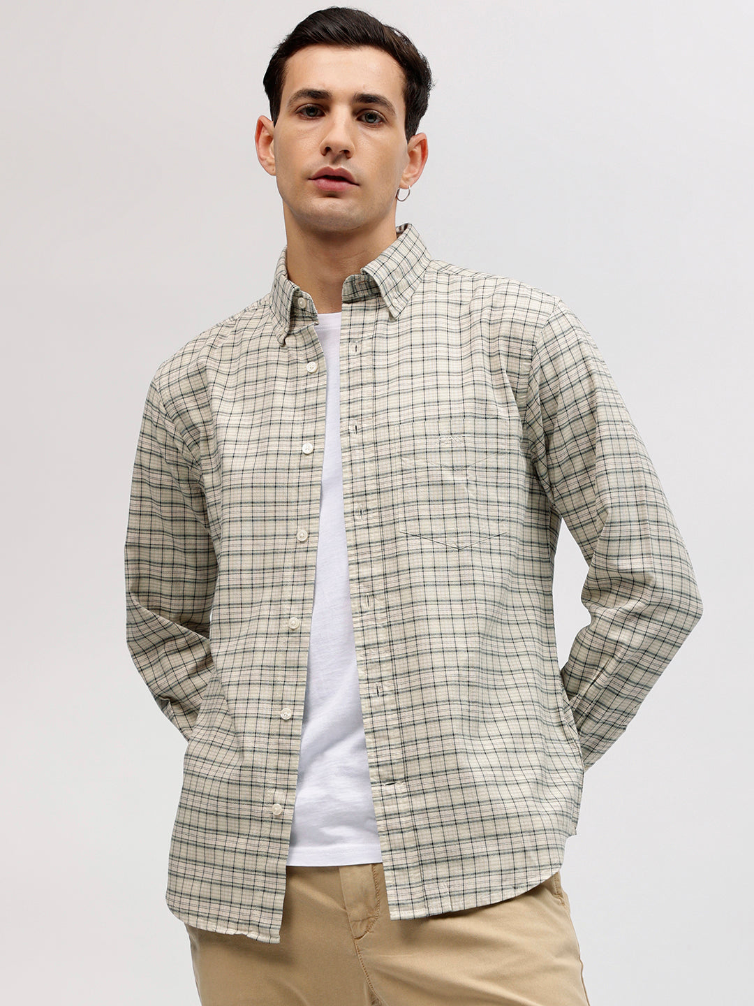 Gant Men Beige Checked Button-down Collar Full Sleeves Shirt