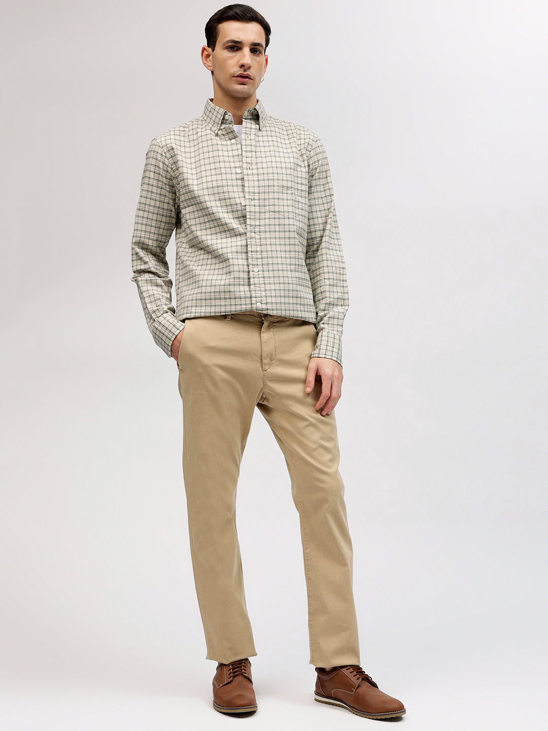 Gant Men Beige Checked Button-down Collar Full Sleeves Shirt