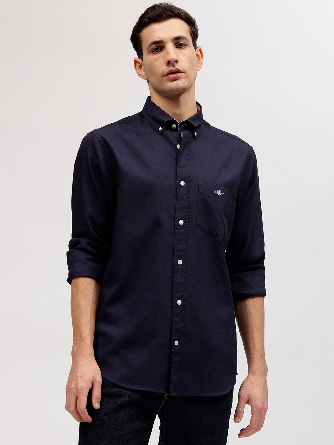 Gant Men Navy Blue Solid Button-down Collar Full Sleeves Shirt