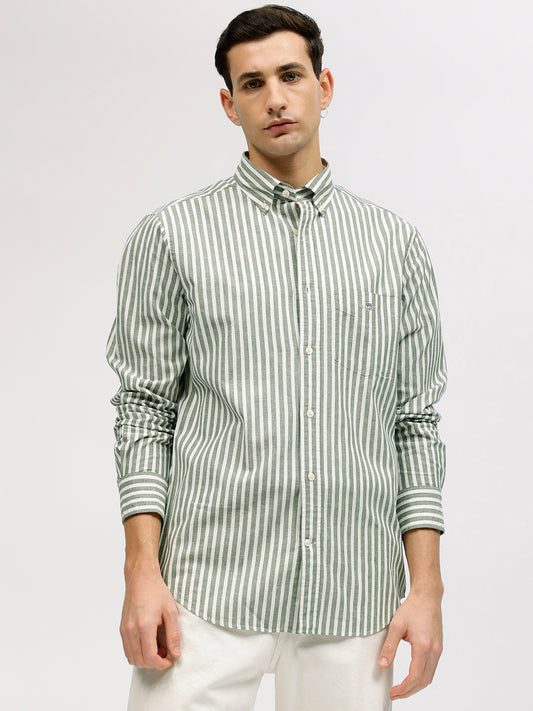 Gant Men Green Striped Button-down Collar Full Sleeves Shirt