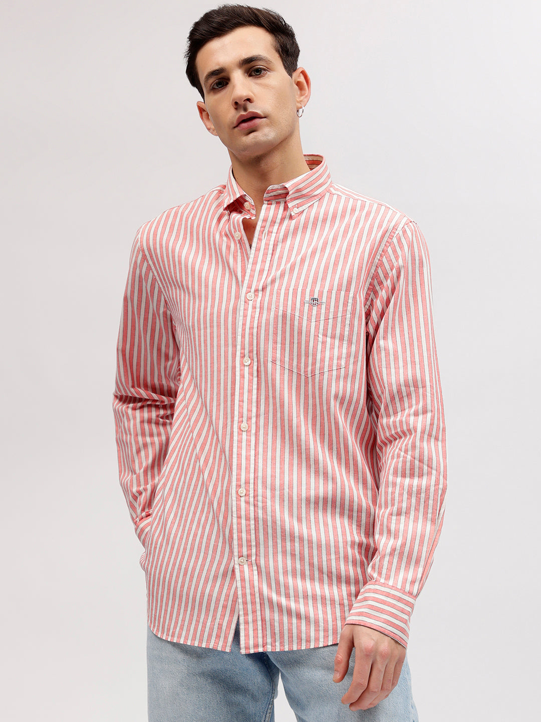 Gant Men Pink Striped Button-down Collar Full Sleeves Shirt