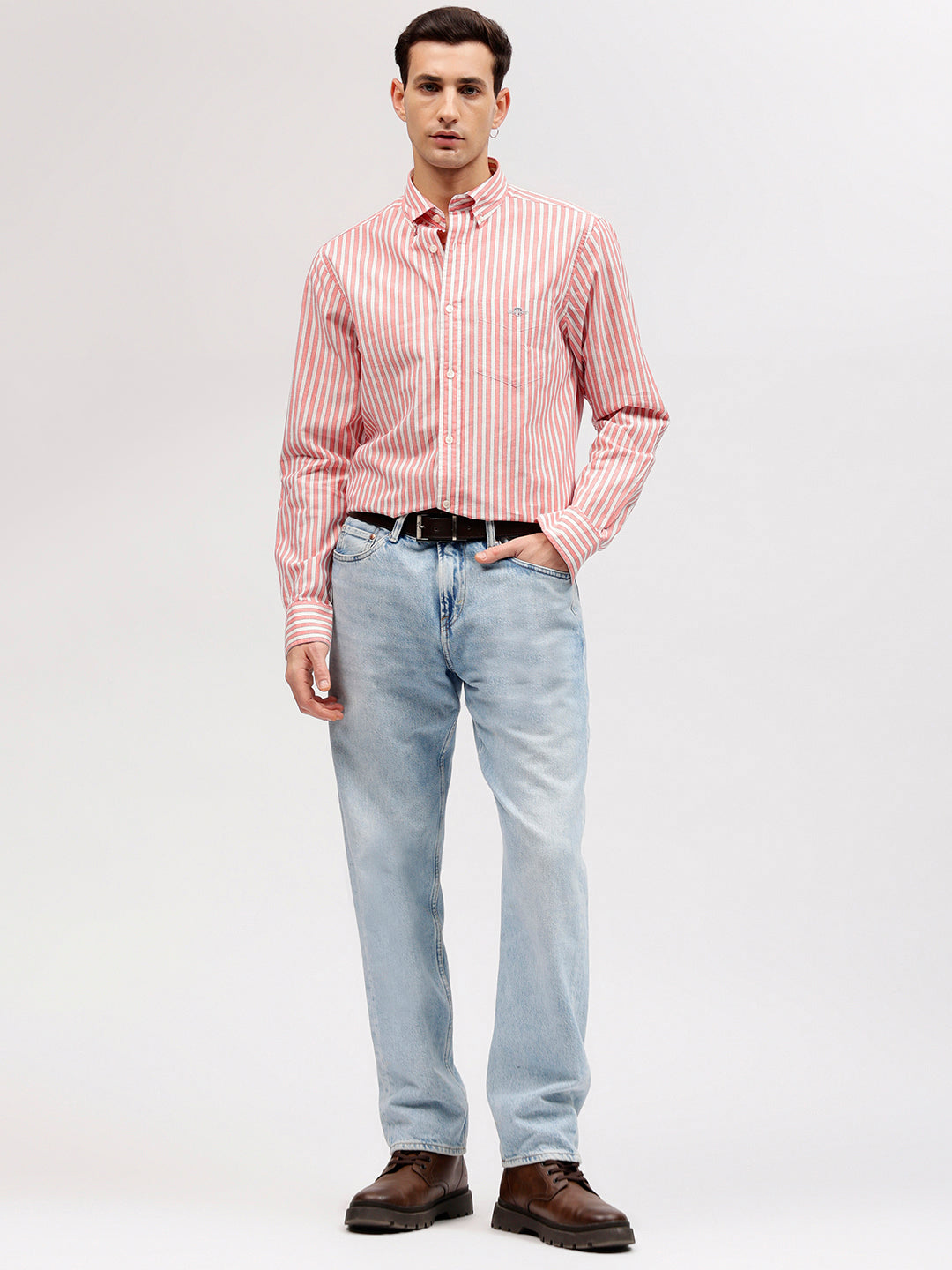 Gant Men Pink Striped Button-down Collar Full Sleeves Shirt