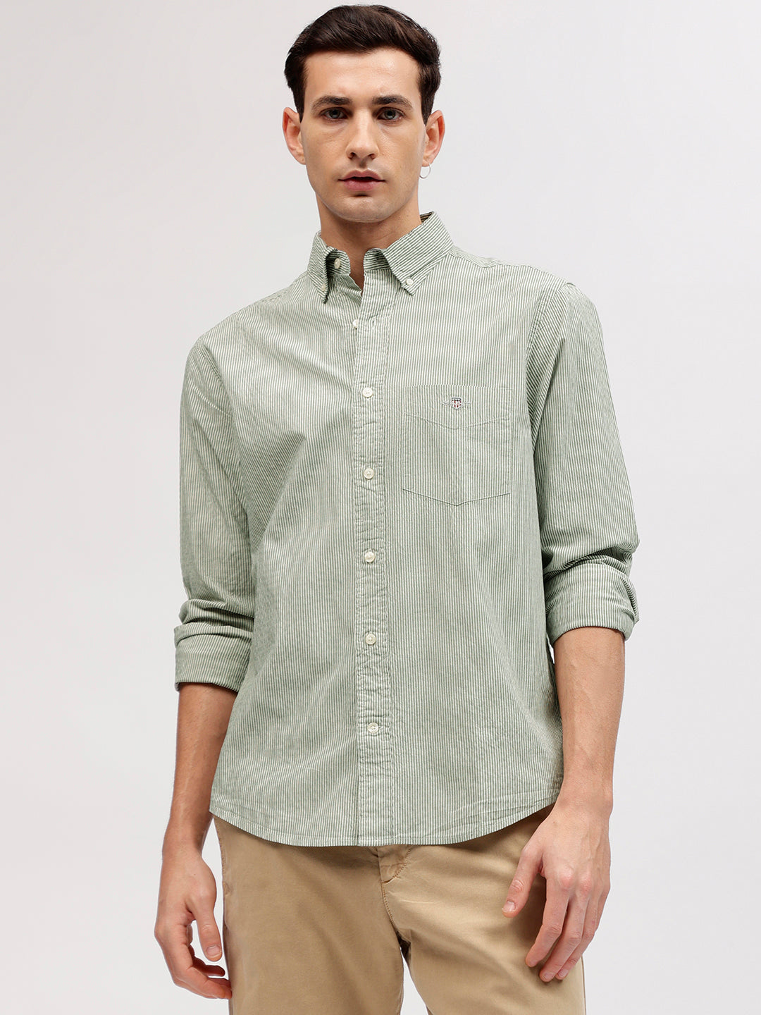 Gant Men Green Striped Button-down Collar Full Sleeves Shirt