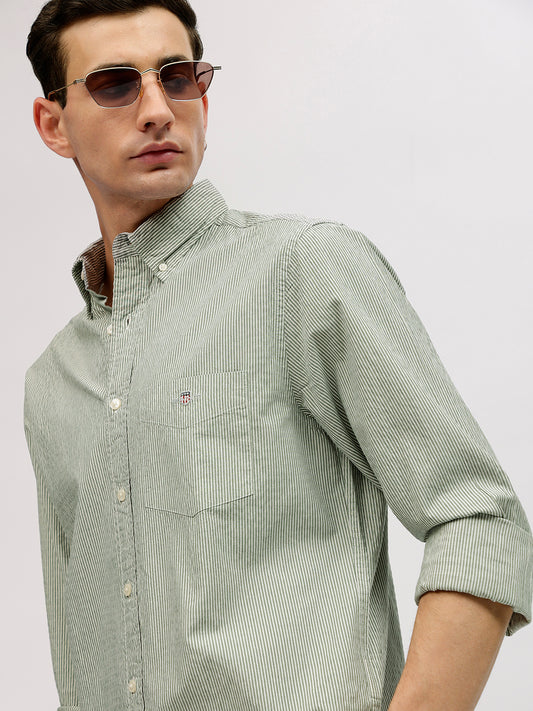 Gant Men Green Striped Button-down Collar Full Sleeves Shirt