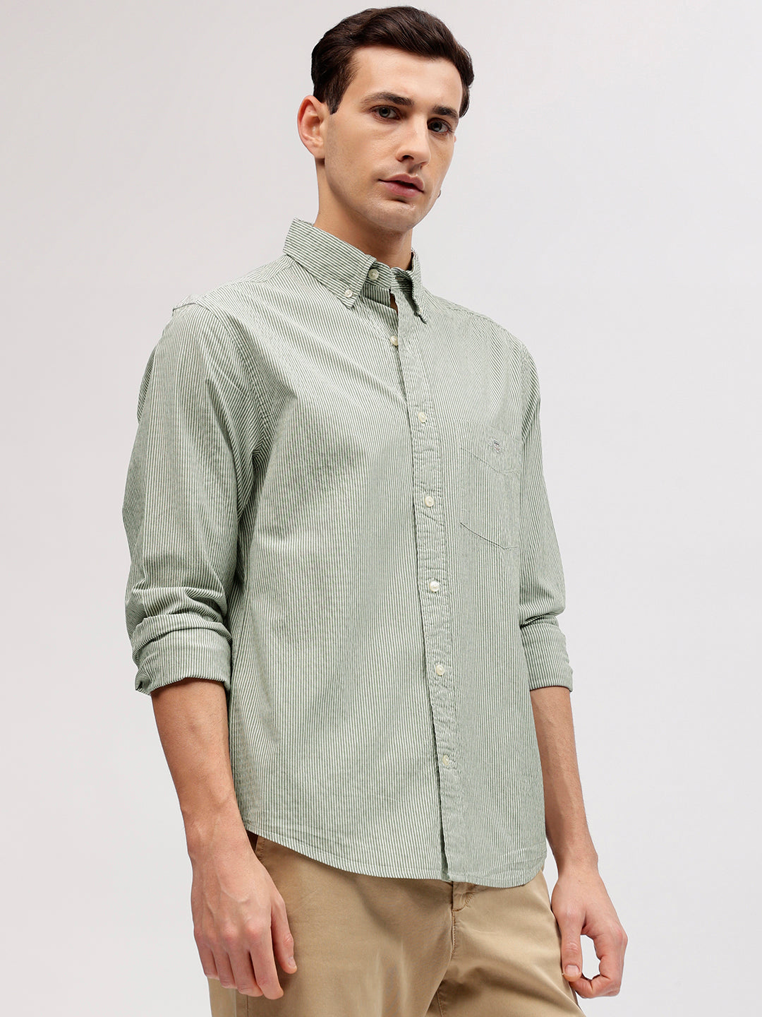 Gant Men Green Striped Button-down Collar Full Sleeves Shirt