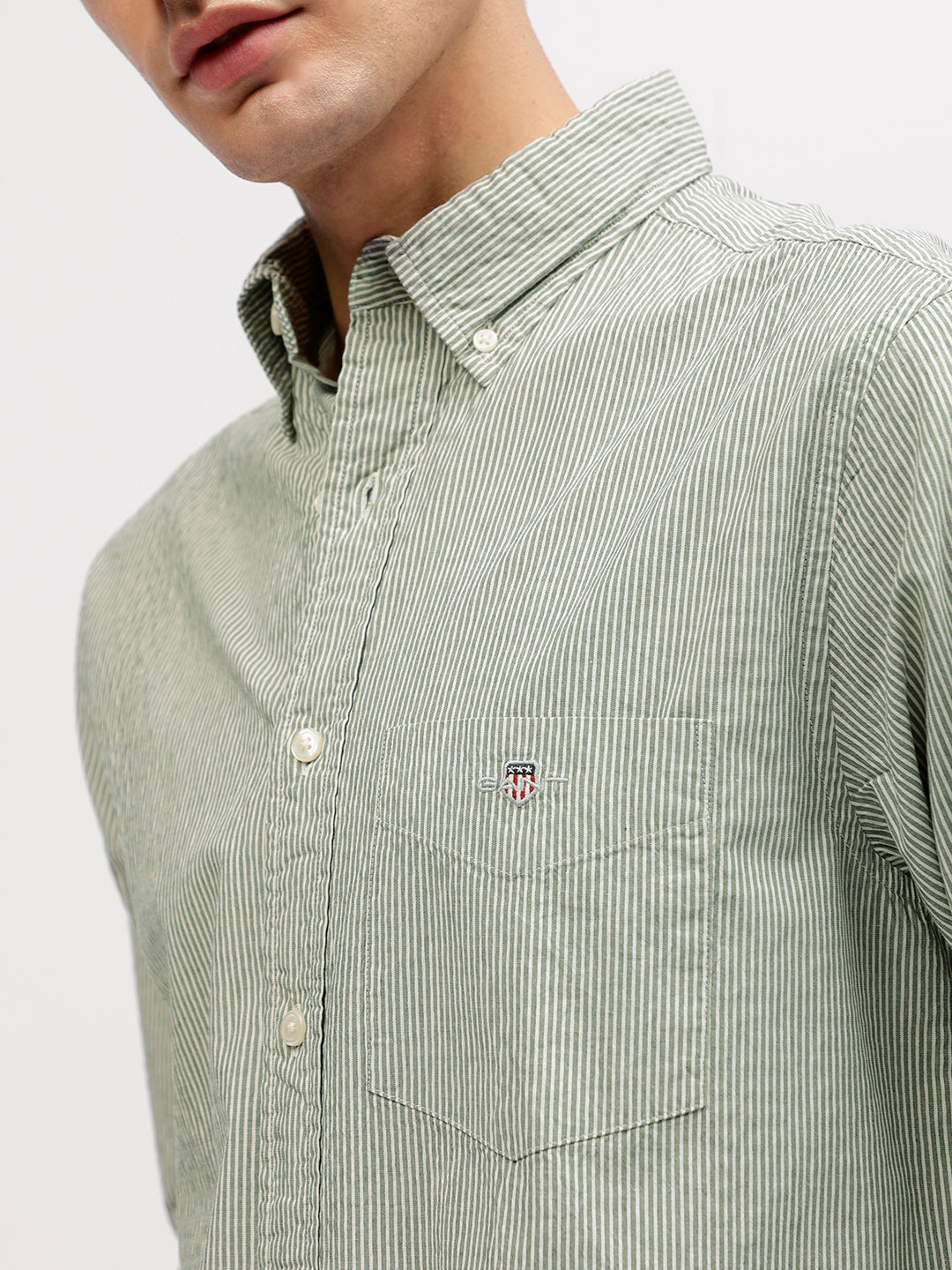 Gant Men Green Striped Button-down Collar Full Sleeves Shirt