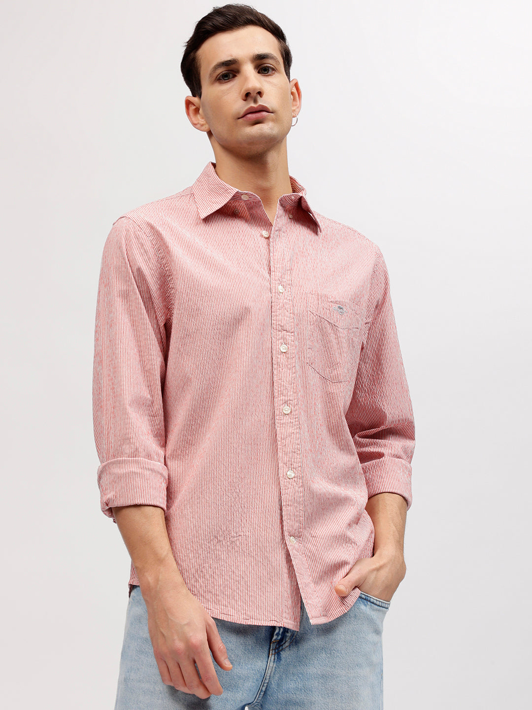 Gant Men Pink Striped Button-down Collar Full Sleeves Shirt