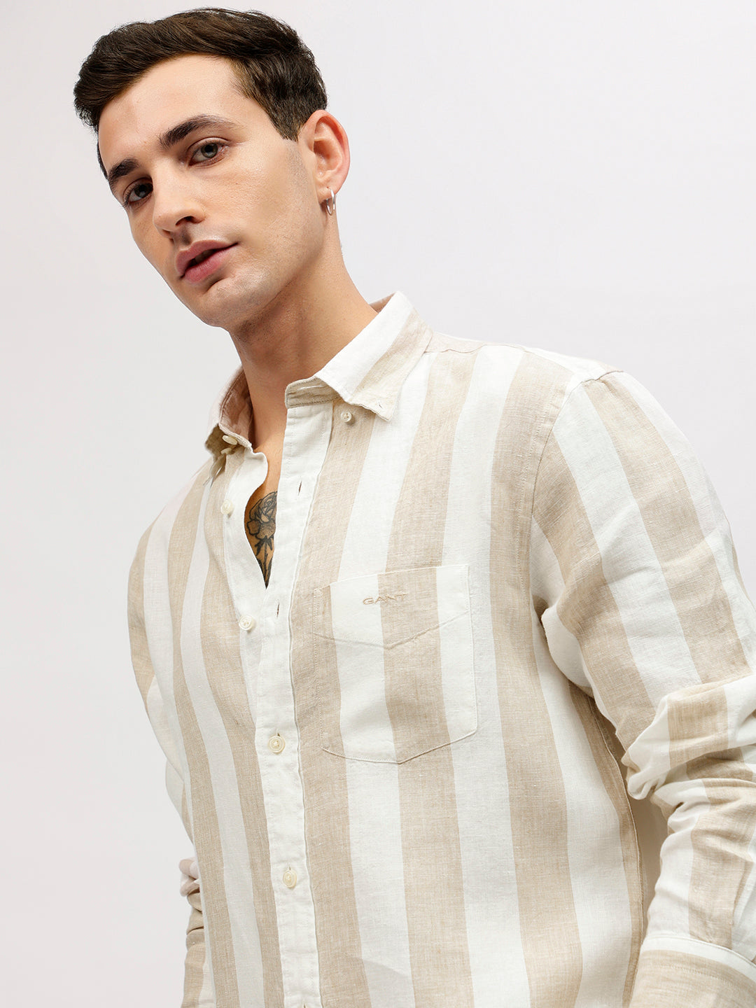 Gant Men Beige Striped Button-down Collar Full Sleeves Shirt