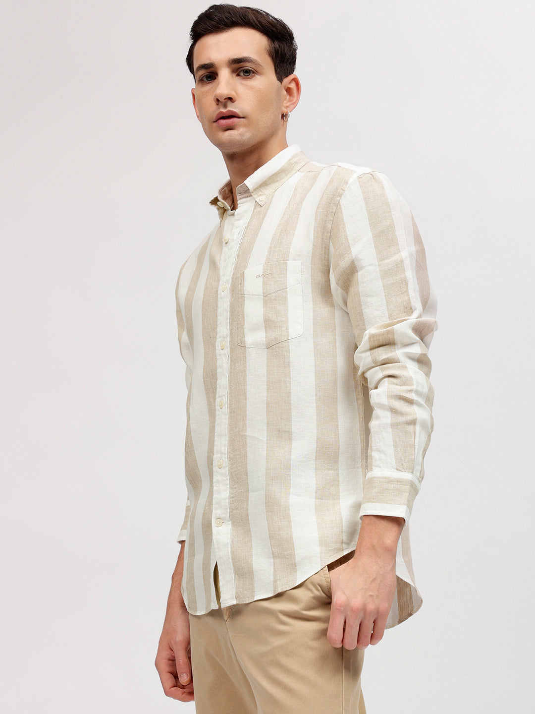 Gant Men Beige Striped Button-down Collar Full Sleeves Shirt