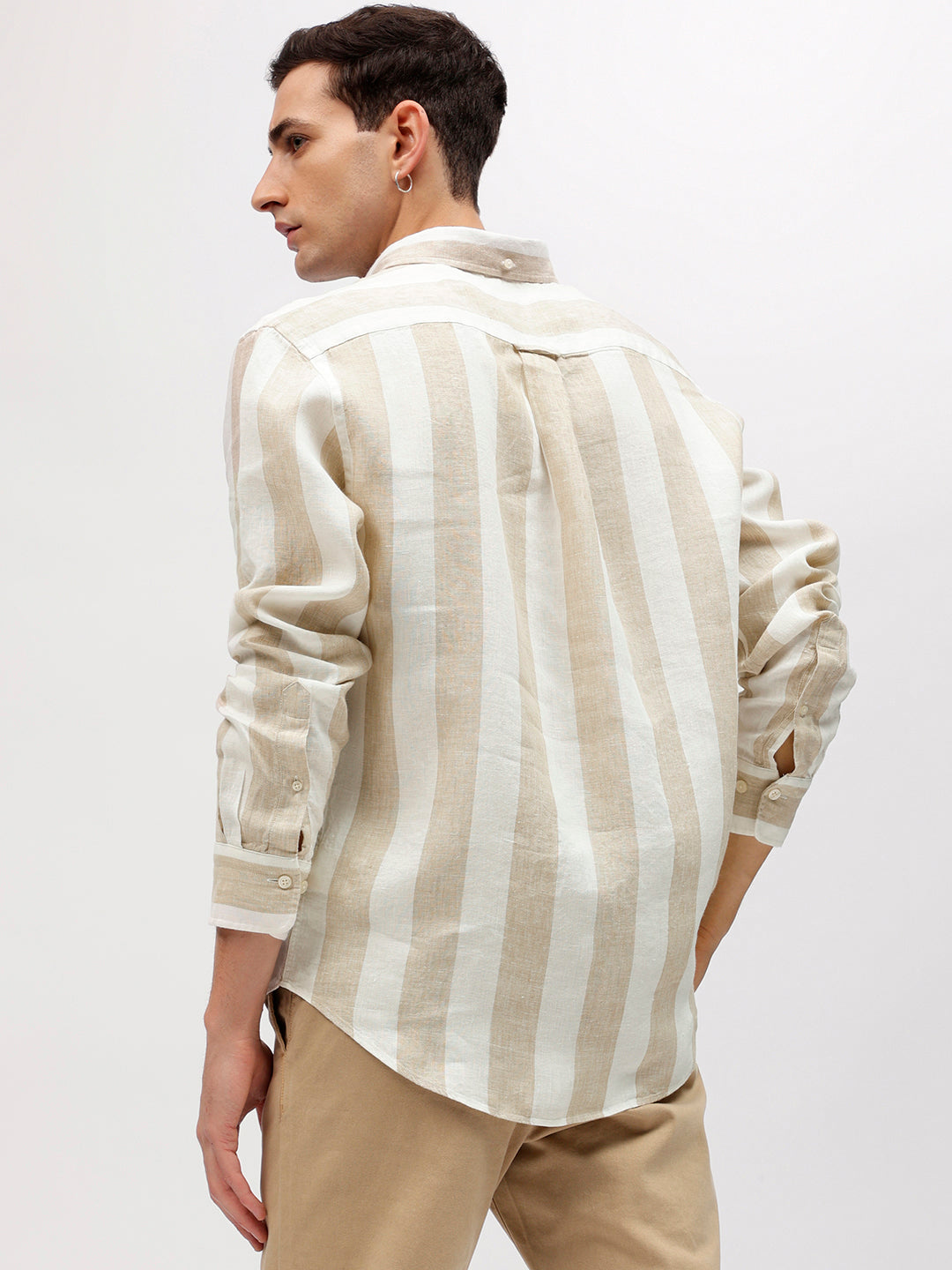 Gant Men Beige Striped Button-down Collar Full Sleeves Shirt