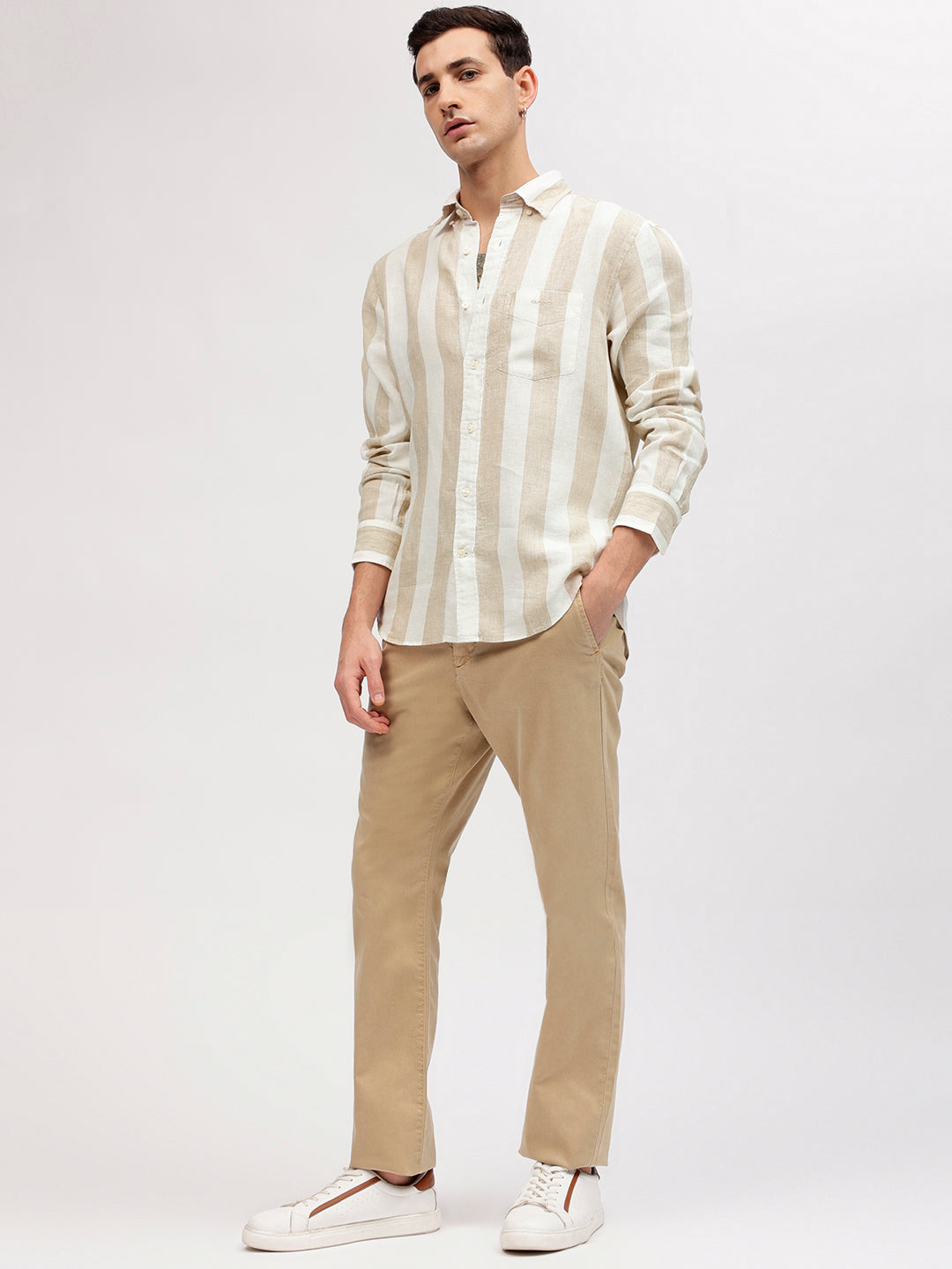 Gant Men Beige Striped Button-down Collar Full Sleeves Shirt