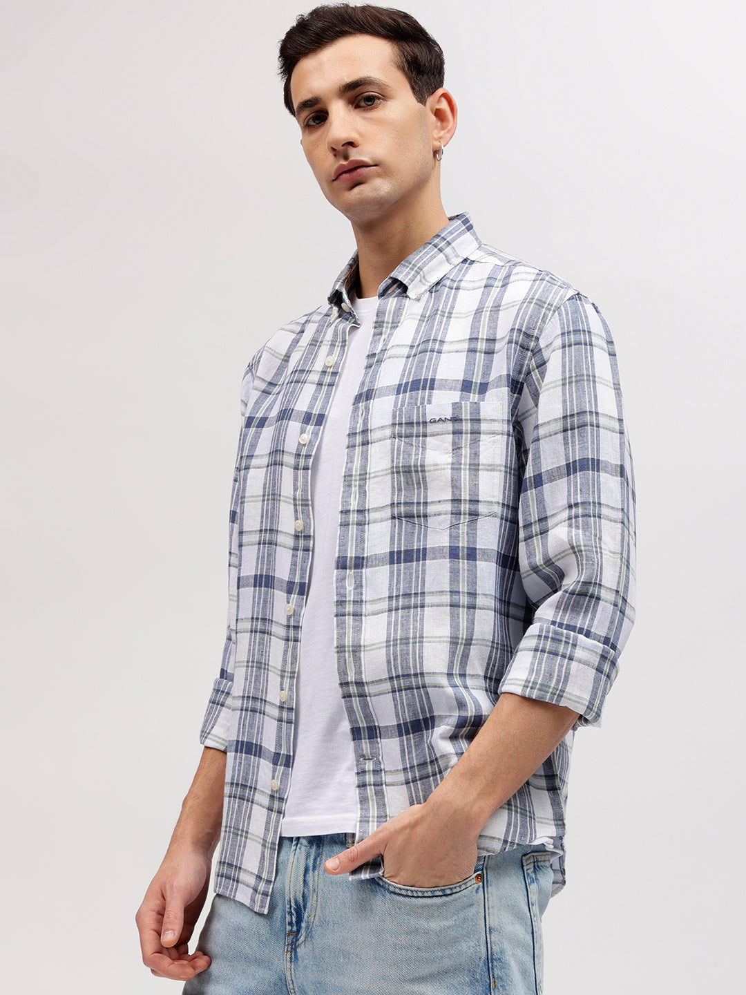 Gant Men Off White Checked Button-down Collar Full Sleeves Shirt