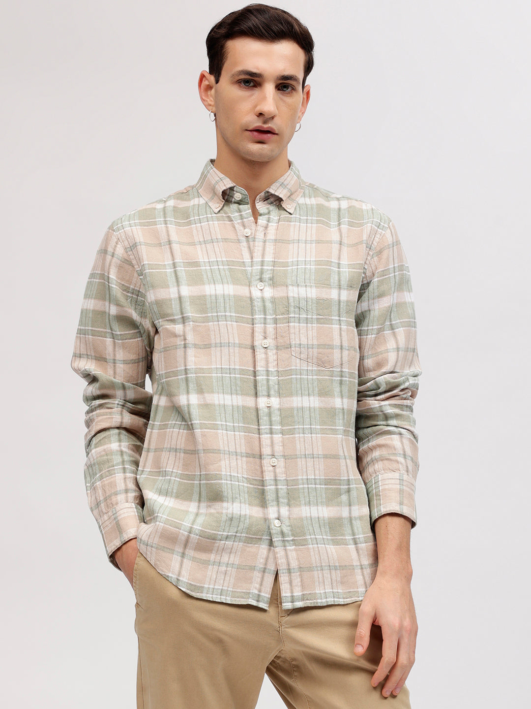 Gant Men Beige Checked Button-down Collar Full Sleeves Shirt