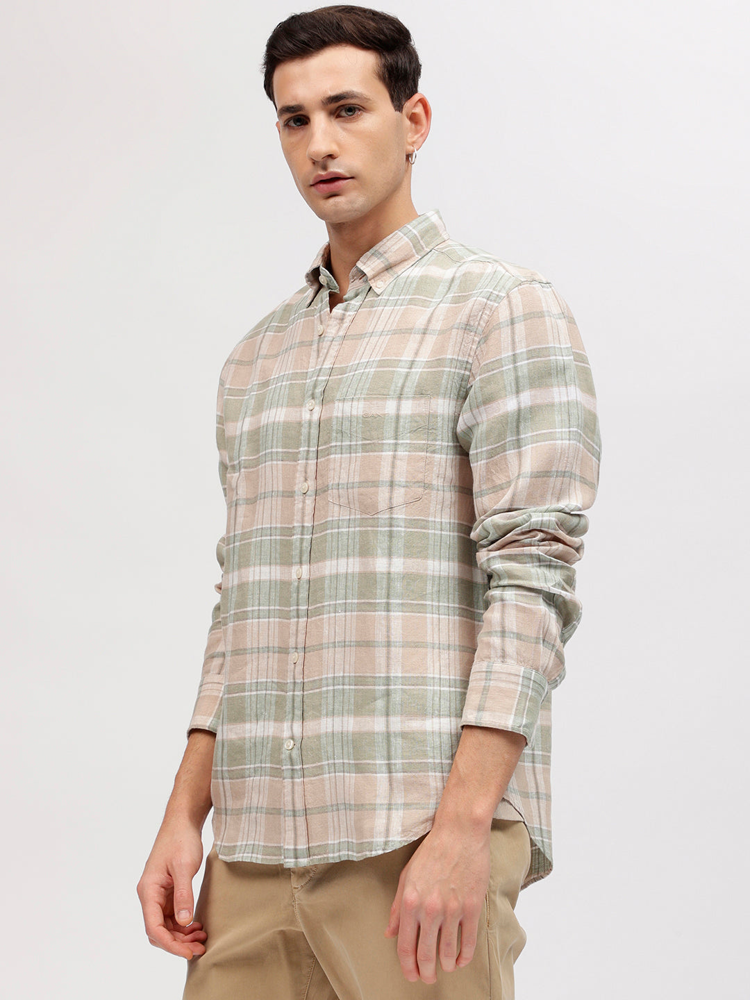 Gant Men Beige Checked Button-down Collar Full Sleeves Shirt