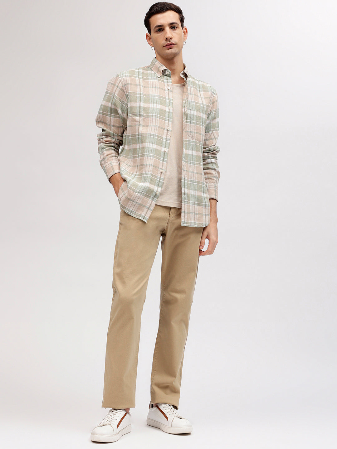 Gant Men Beige Checked Button-down Collar Full Sleeves Shirt