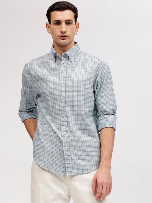 Gant Men Blue Checked Button-down Collar Full Sleeves Shirt