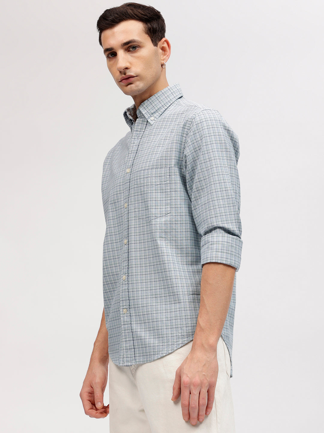 Gant Men Blue Checked Button-down Collar Full Sleeves Shirt