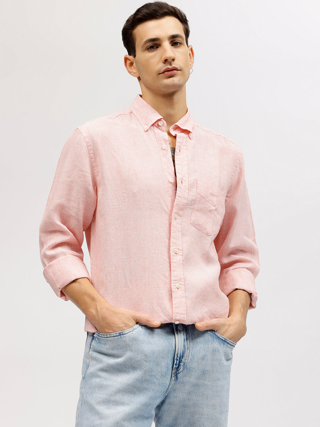 Gant Men Pink Striped Button-down Collar Full Sleeves Shirt