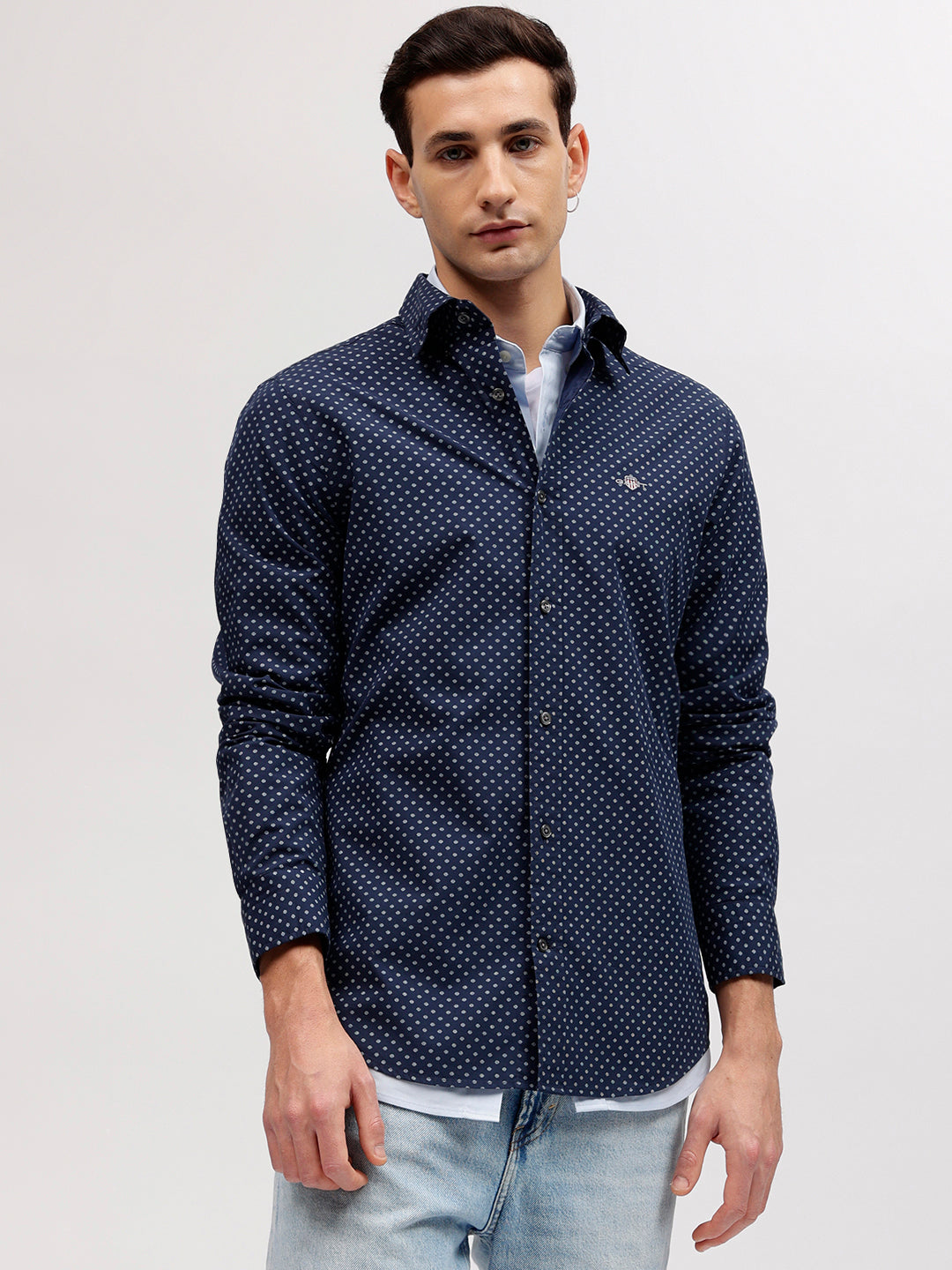 Gant Men Navy Blue Printed Button-down Collar Full Sleeves Shirt