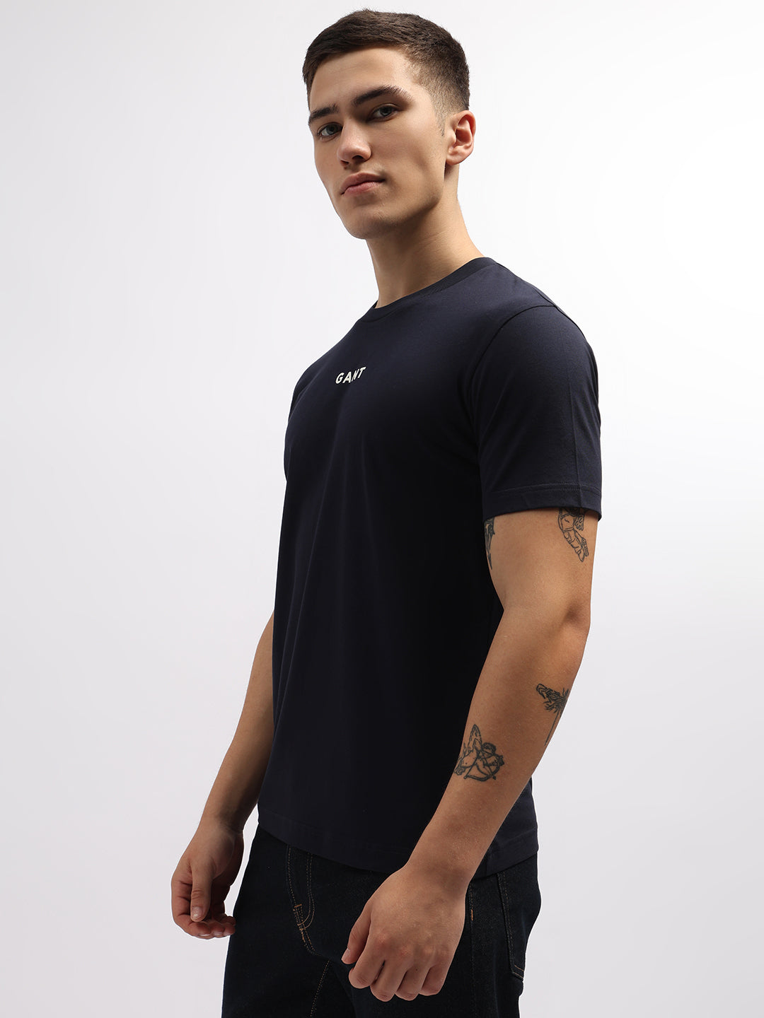 Gant Men Navy Blue Solid Round Neck Short Sleeves T-Shirt