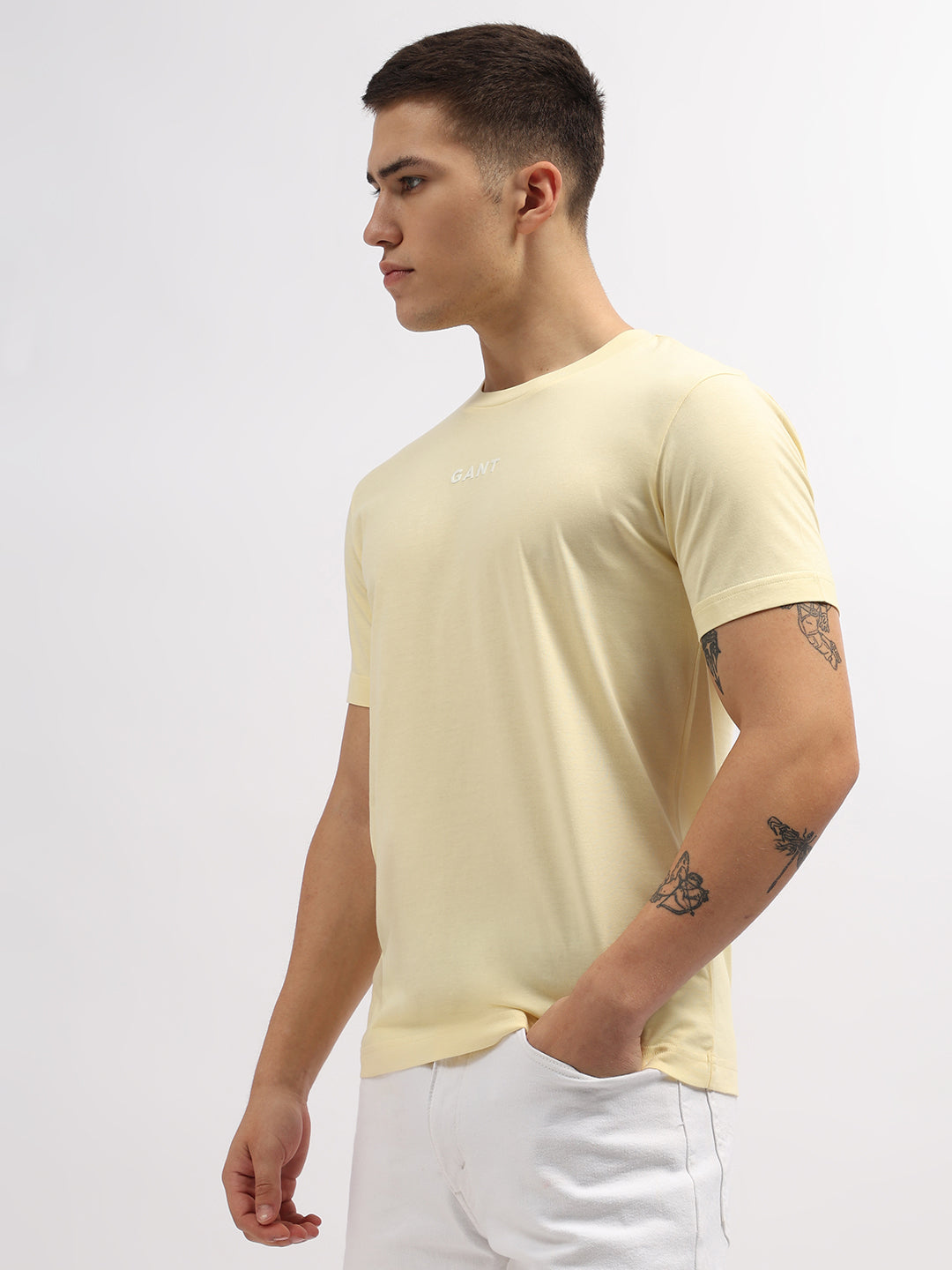 Gant Men Yellow Solid Round Neck Short Sleeves T-Shirt