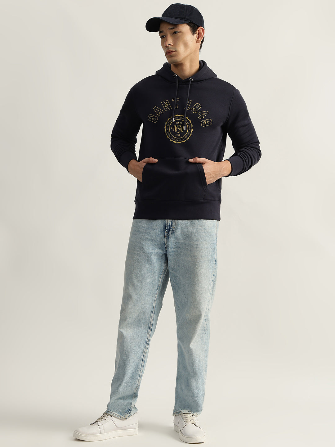 Gant Men Blue Printed Hooded Full Sleeves Sweatshirt