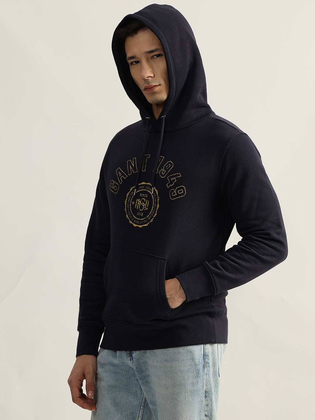 Gant Men Blue Printed Hooded Full Sleeves Sweatshirt