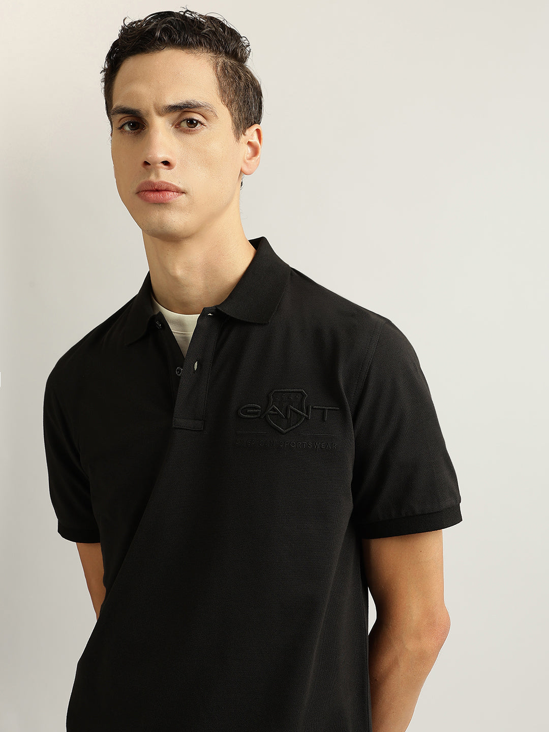 Gant Men Black Embroidered Collared Short Sleeves Polo T-Shirt