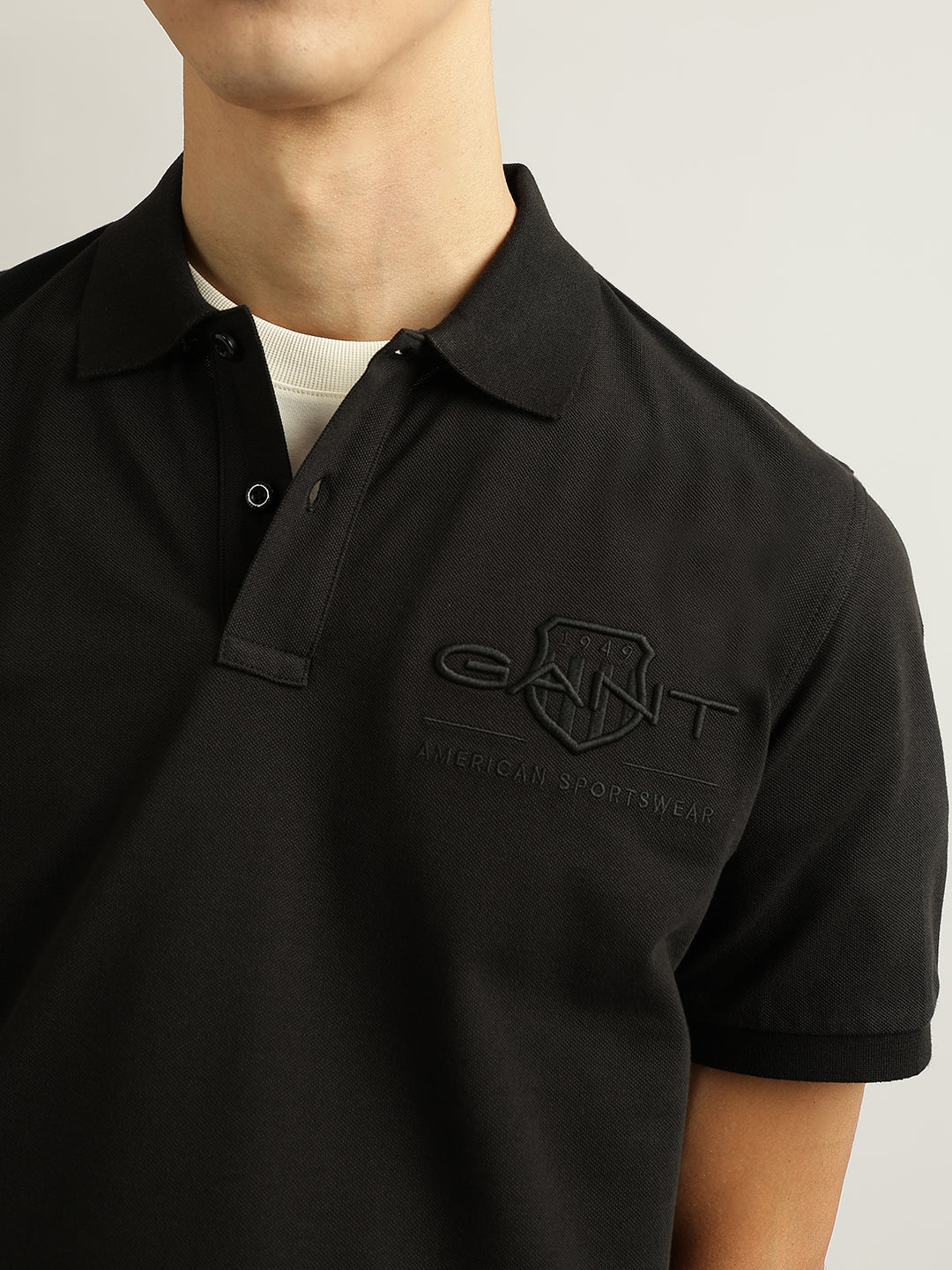 Gant Men Black Embroidered Collared Short Sleeves Polo T-Shirt