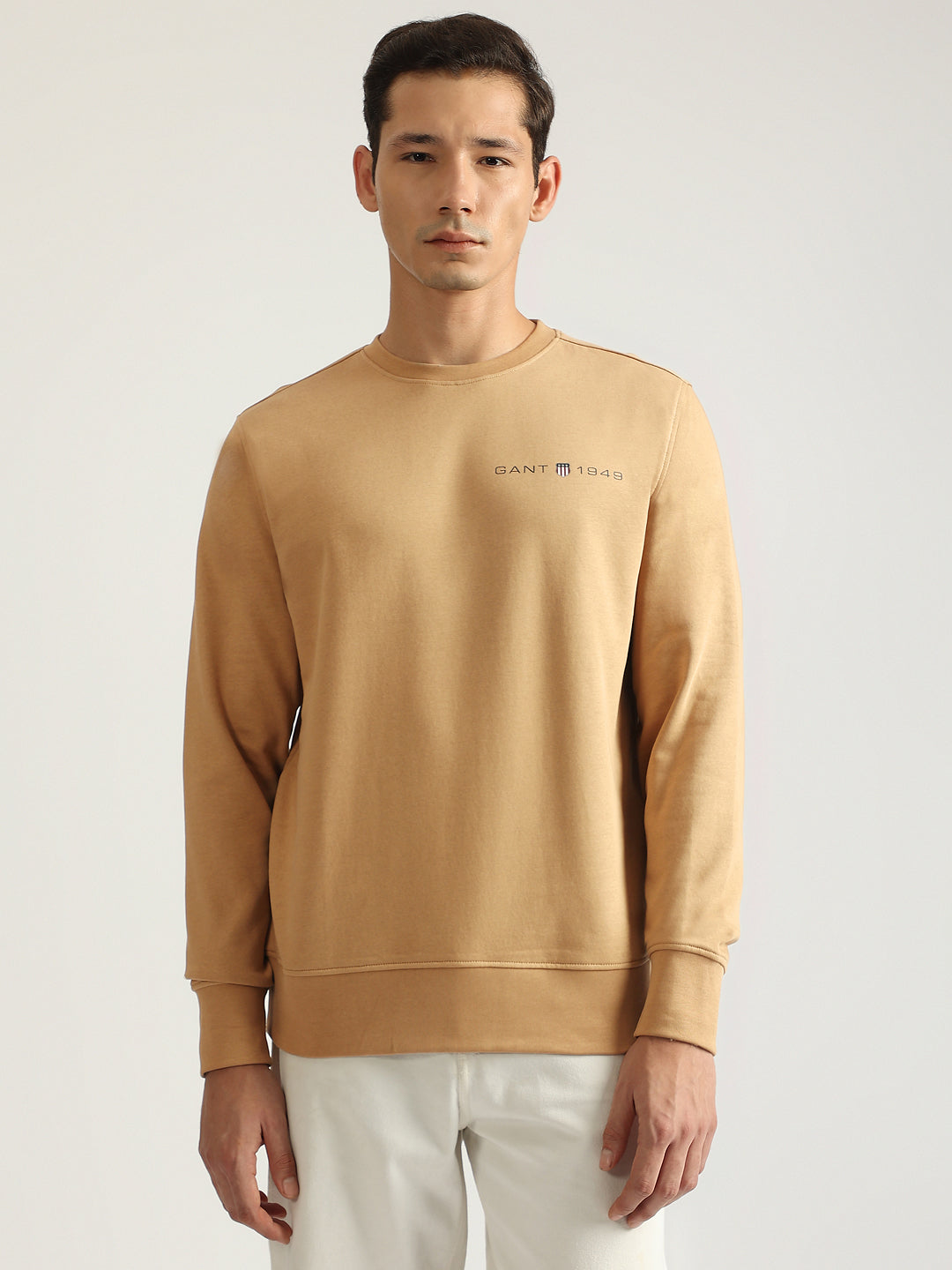 Gant Men Beige Solid Round Neck Full Sleeves Pullover Style Sweatshirt