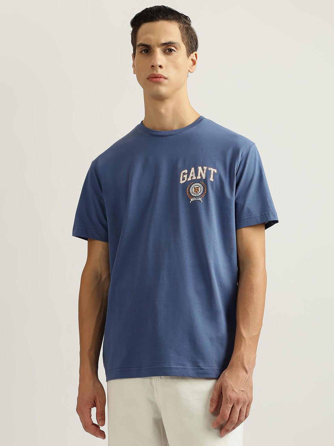 Gant Men Blue Solid Round Neck Short Sleeves T-Shirt