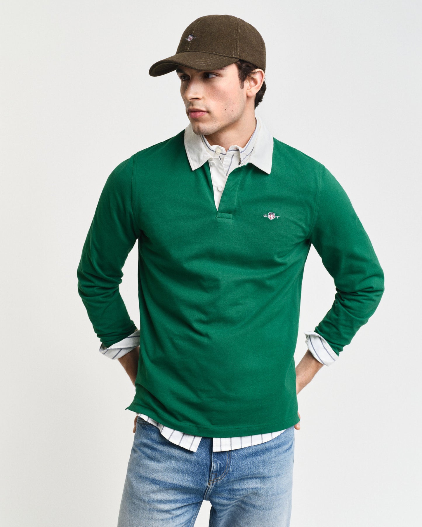 Gant Men Green Solid Polo Collar Full Sleeves T-Shirt