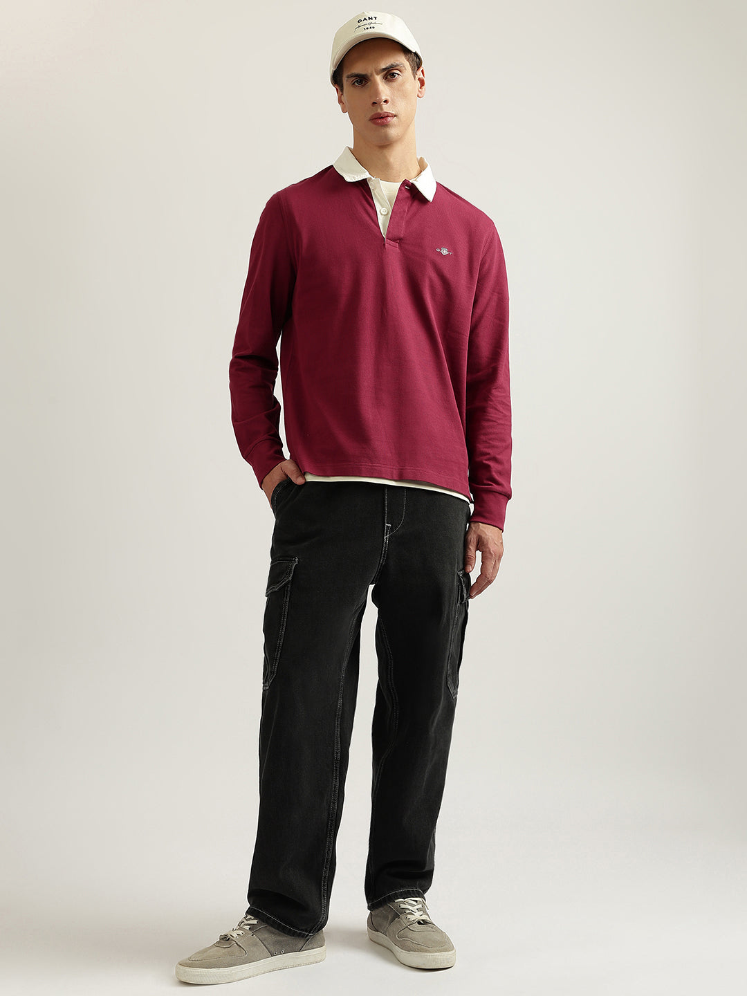 Gant Men Maroon Solid Collared Full Sleeves Polo T-Shirt