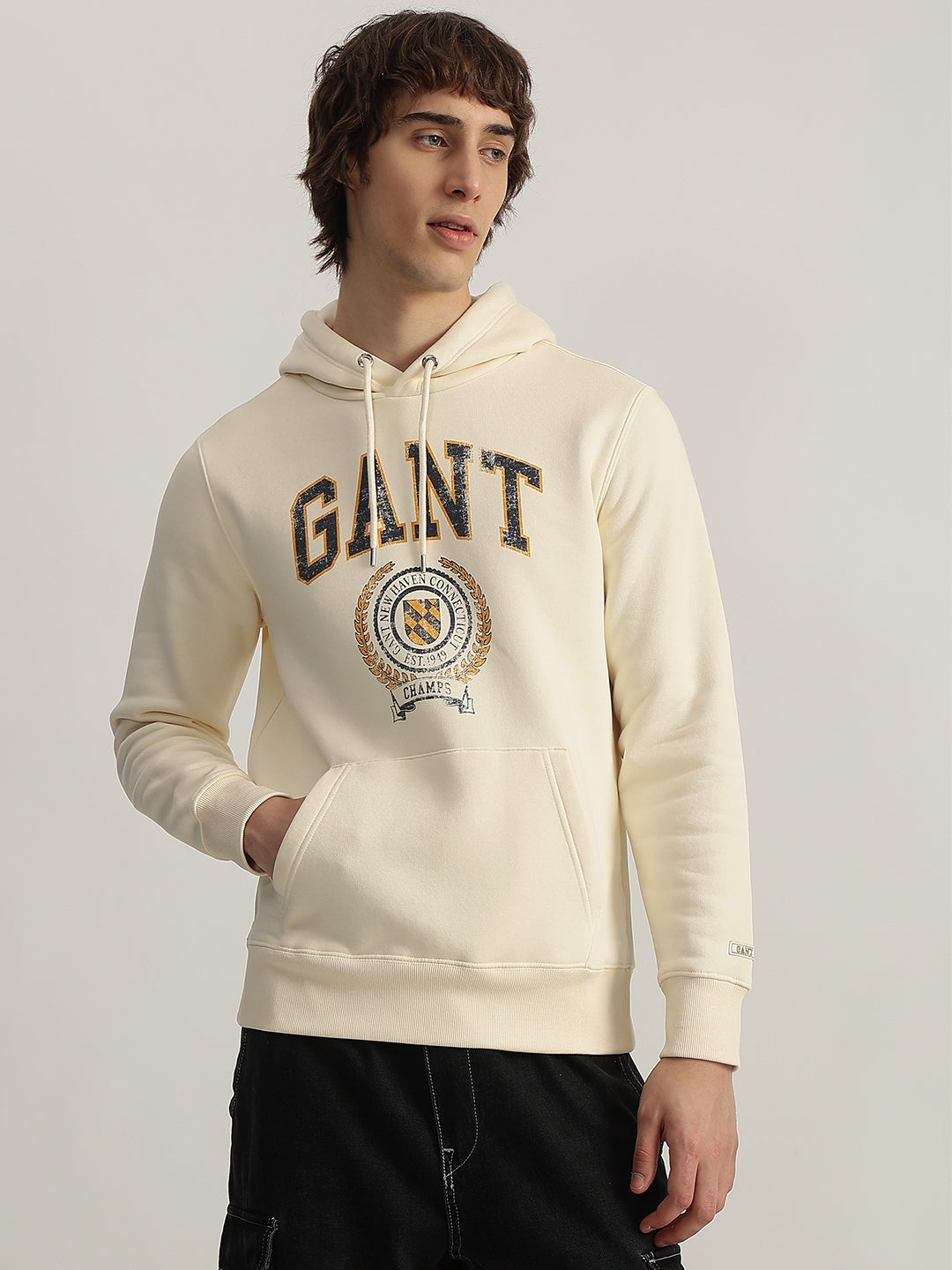 Gant Men Cream Printed Hooded Full Sleeves Pullover Style Sweatshirt