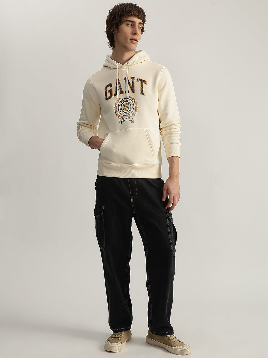 Gant Men Cream Printed Hooded Full Sleeves Pullover Style Sweatshirt