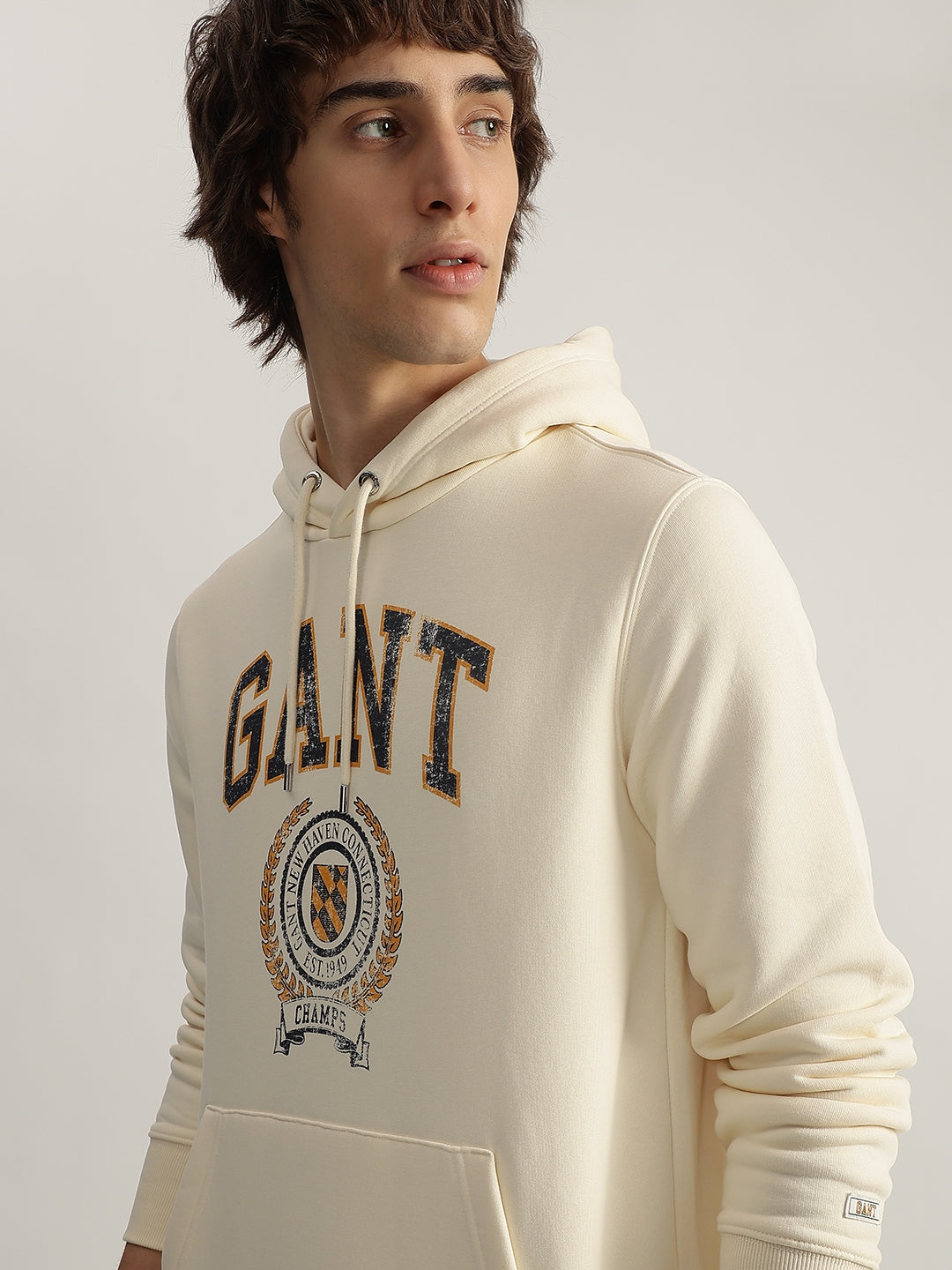 Gant Men Cream Printed Hooded Full Sleeves Pullover Style Sweatshirt