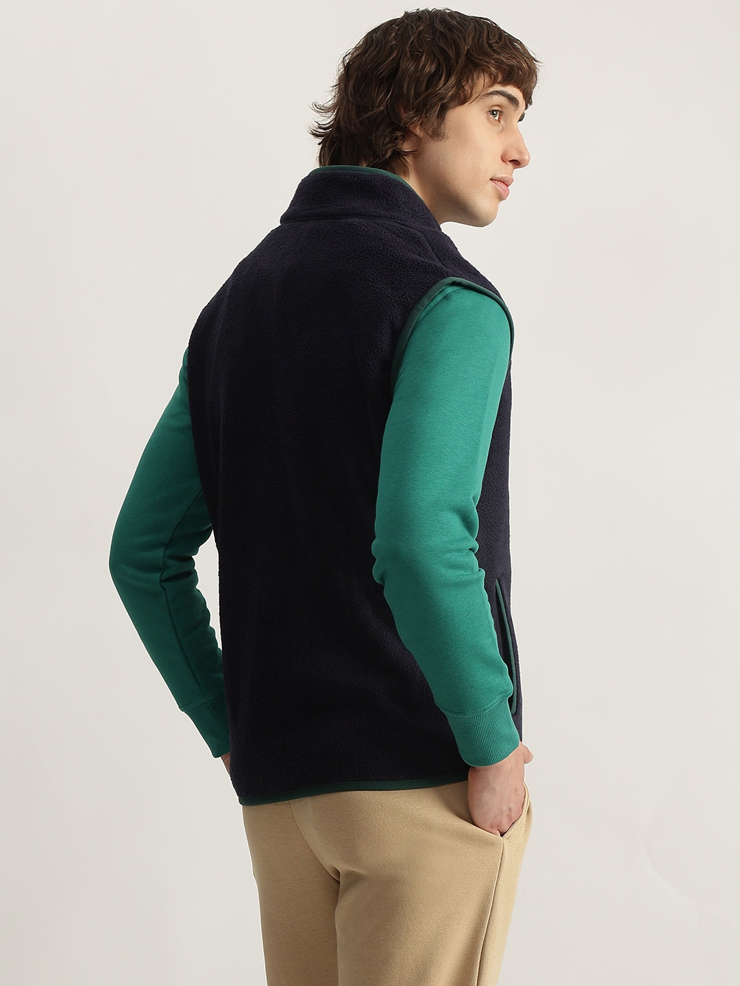 Gant Men Blue Solid Collared Sleeveless Fleece Jacket