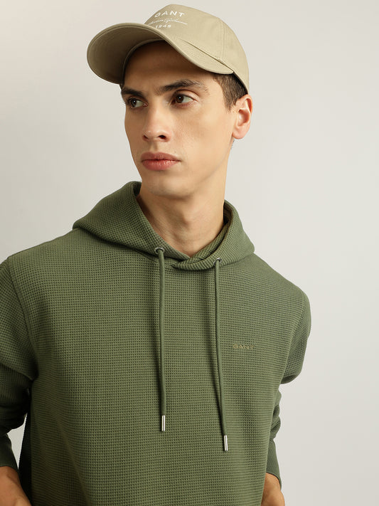 Gant Men Olive Solid Hooded Full Sleeves Pullover Sweatshirt