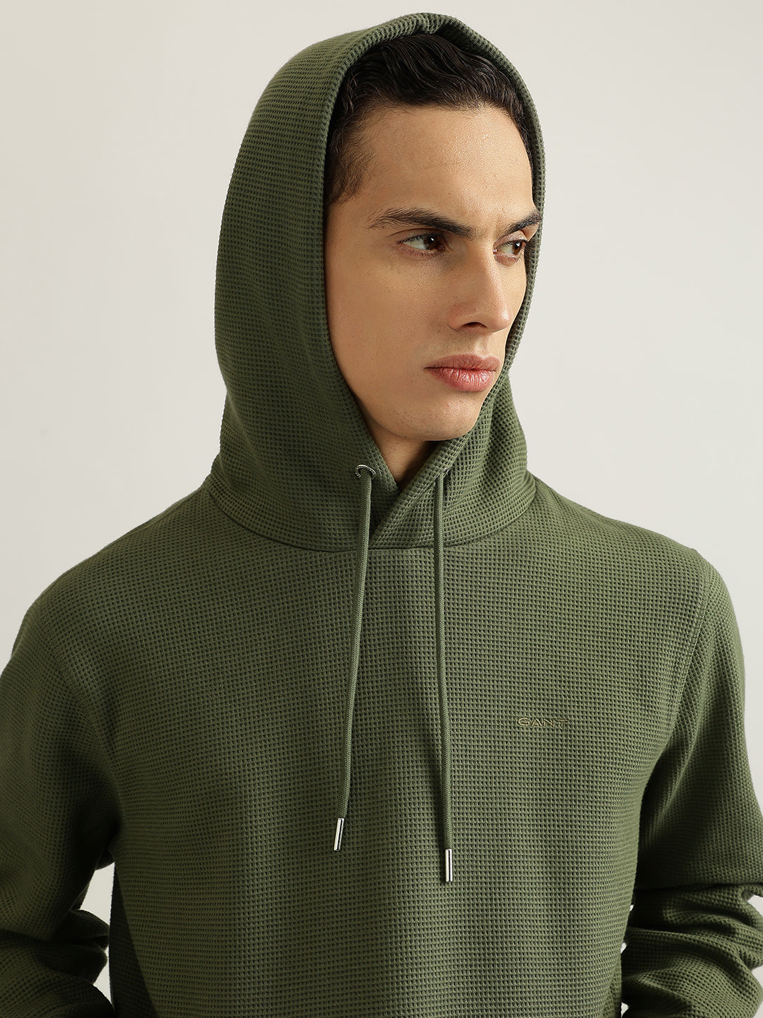 Gant Men Olive Solid Hooded Full Sleeves Pullover Sweatshirt