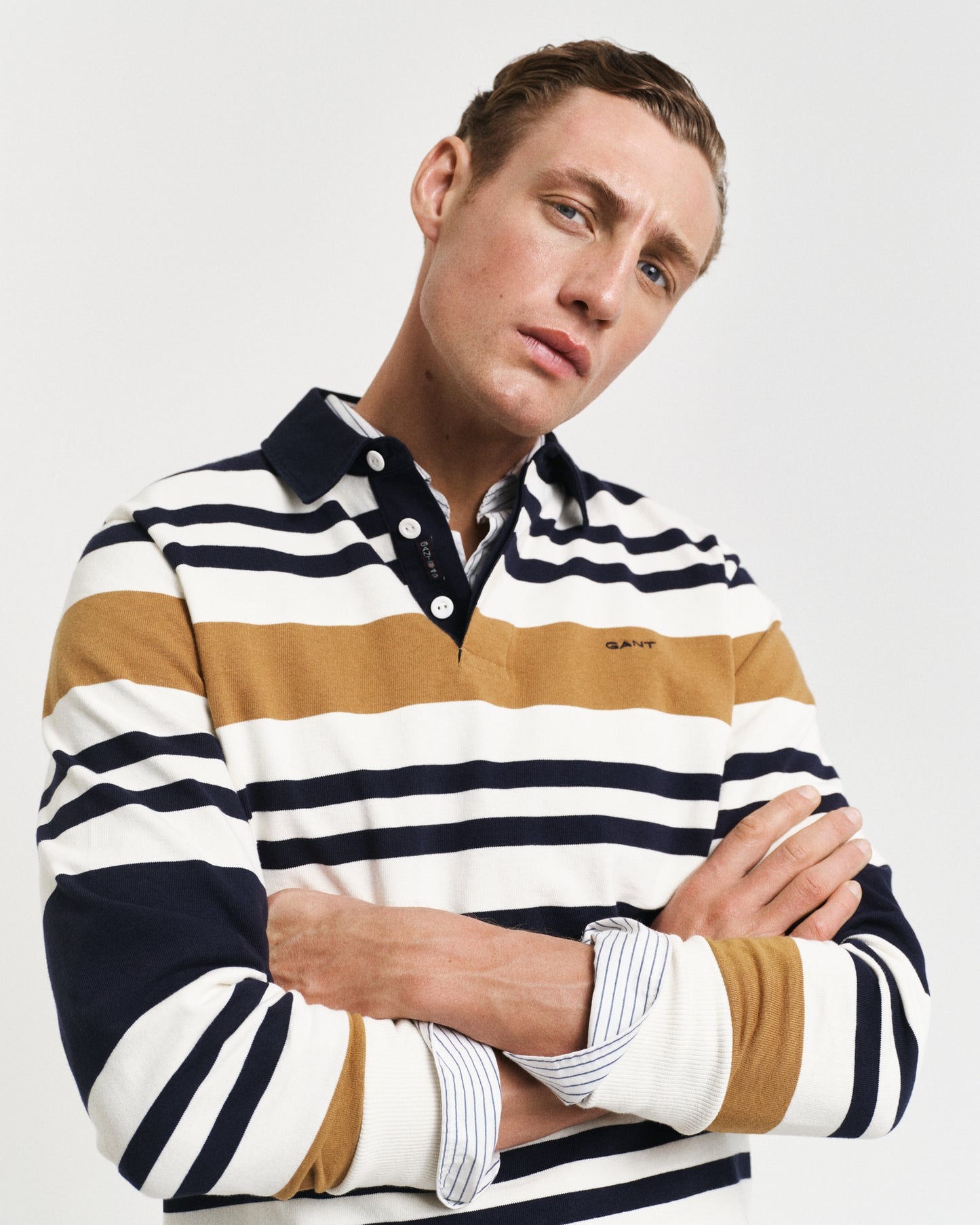 Gant Men Beige Striped Polo Neck Full Sleeves T-Shirt