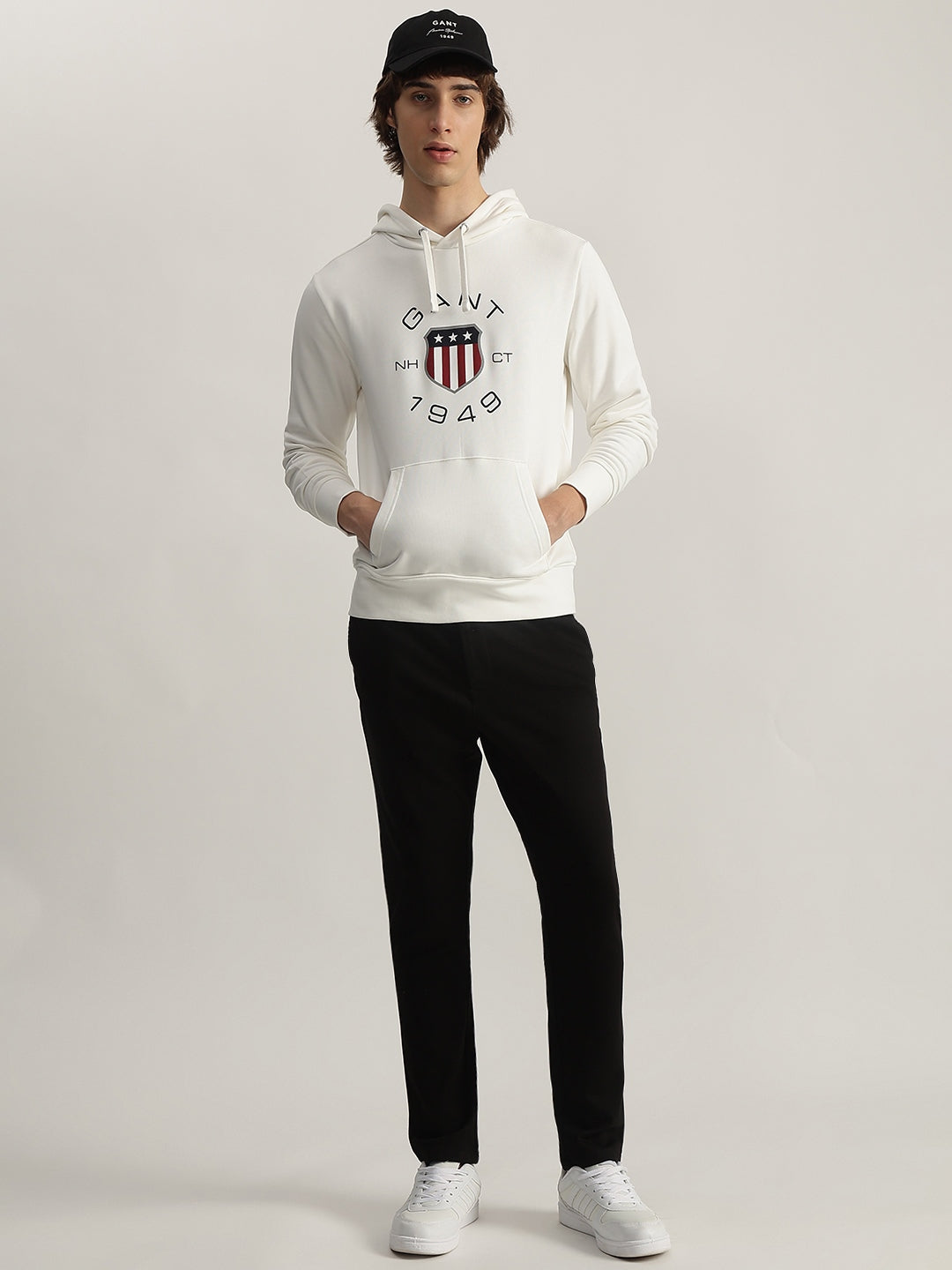 Gant Men White Printed Hooded Full Sleeves Pullover Style Sweatshirt