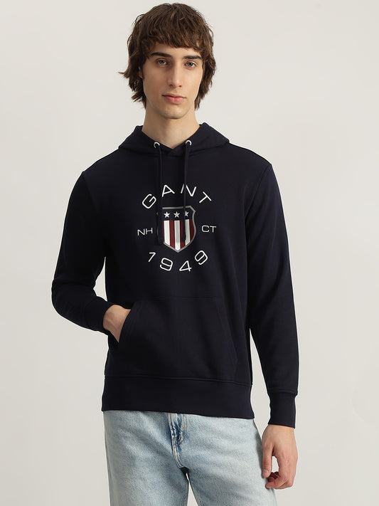 Gant Men Navy Blue Printed Hooded Full Sleeves Pullover Style Sweatshirt