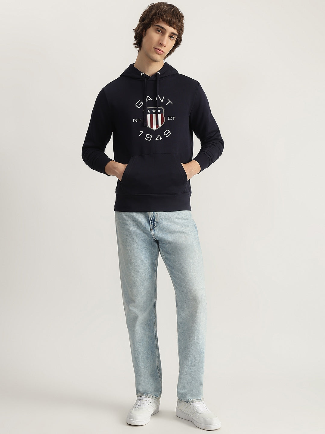 Gant Men Navy Blue Printed Hooded Full Sleeves Pullover Style Sweatshirt