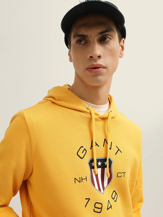 Gant Men Yellow Printed Hooded Full Sleeves Pullover Sweatshirt