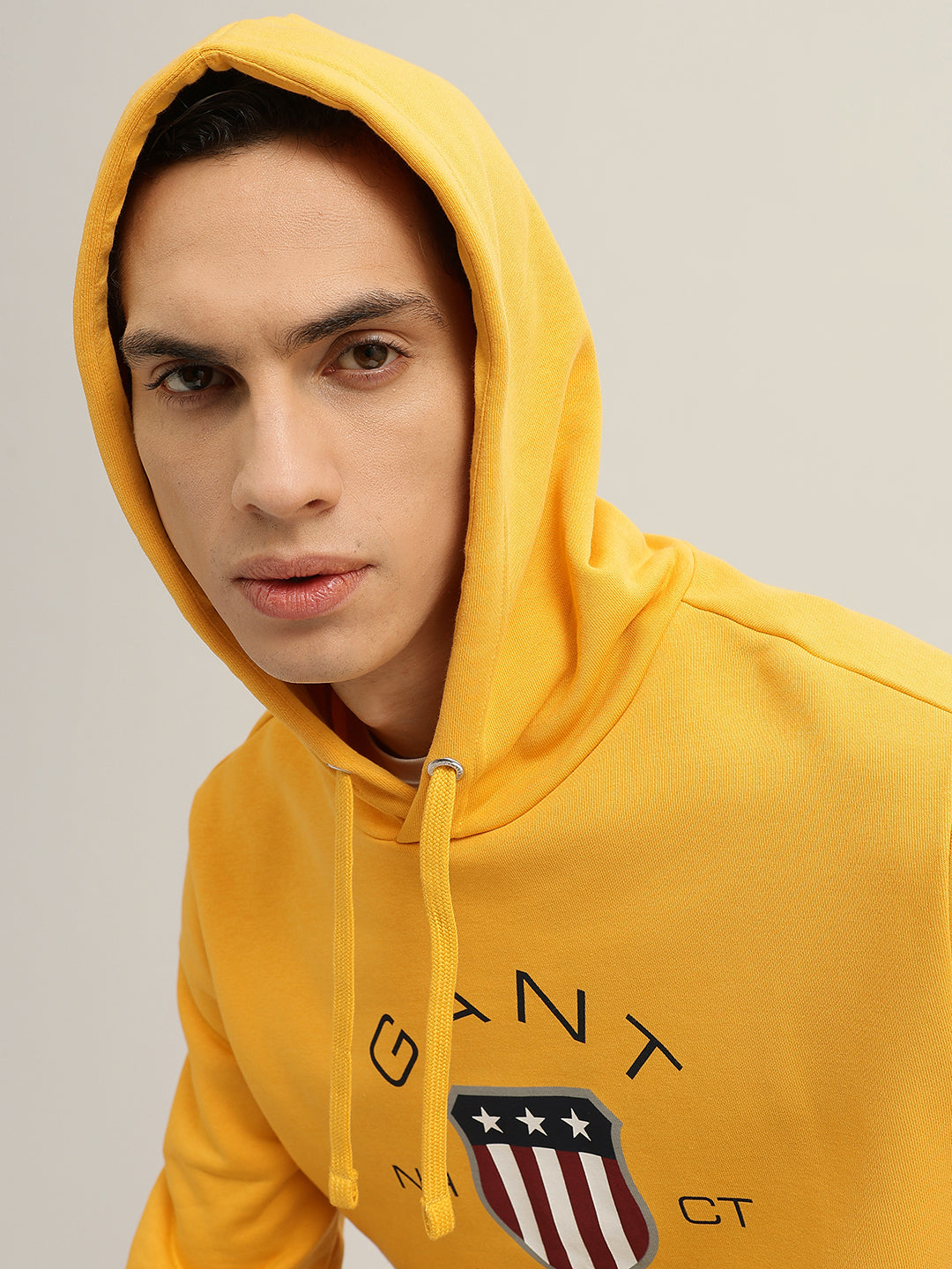 Gant Men Yellow Printed Hooded Full Sleeves Pullover Sweatshirt