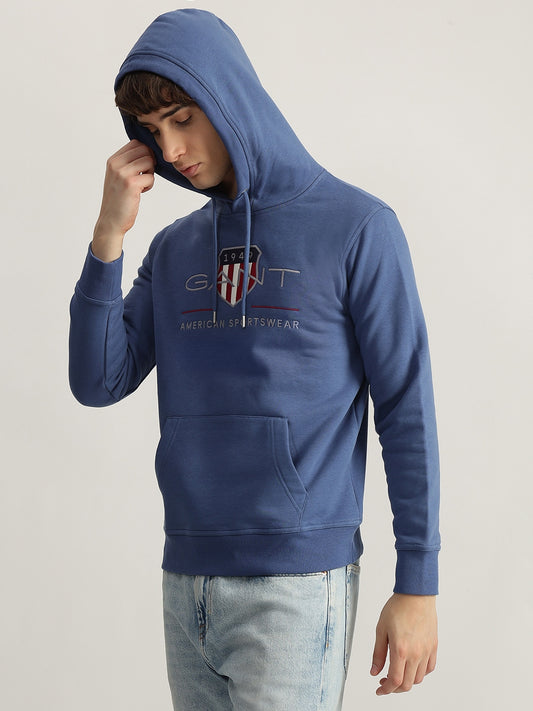 Gant Men Blue Embroidered Hooded Full Sleeves Pullover Style Sweatshirt