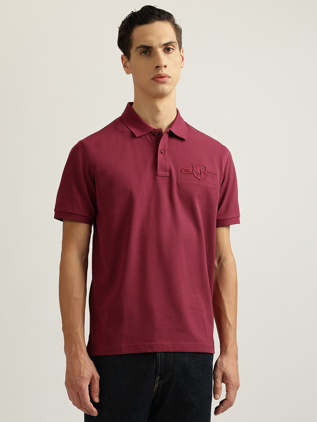 Gant Men Maroon Solid Collared Short Sleeves Polo T-Shirt