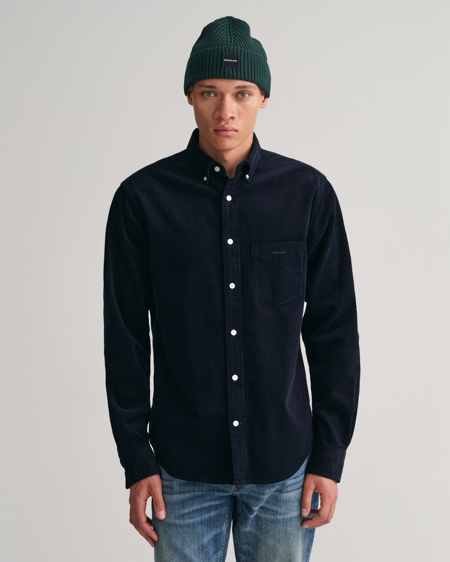 Gant Men Blue Solid Button-Down Collar Full Sleeves Corduroy Shirt